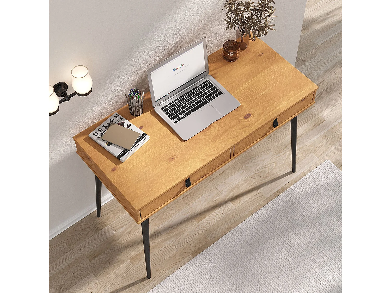 Bureau WANDA avec 2 tiroirs, en pin massif, Bureau en bois, Coloris chêne et noir