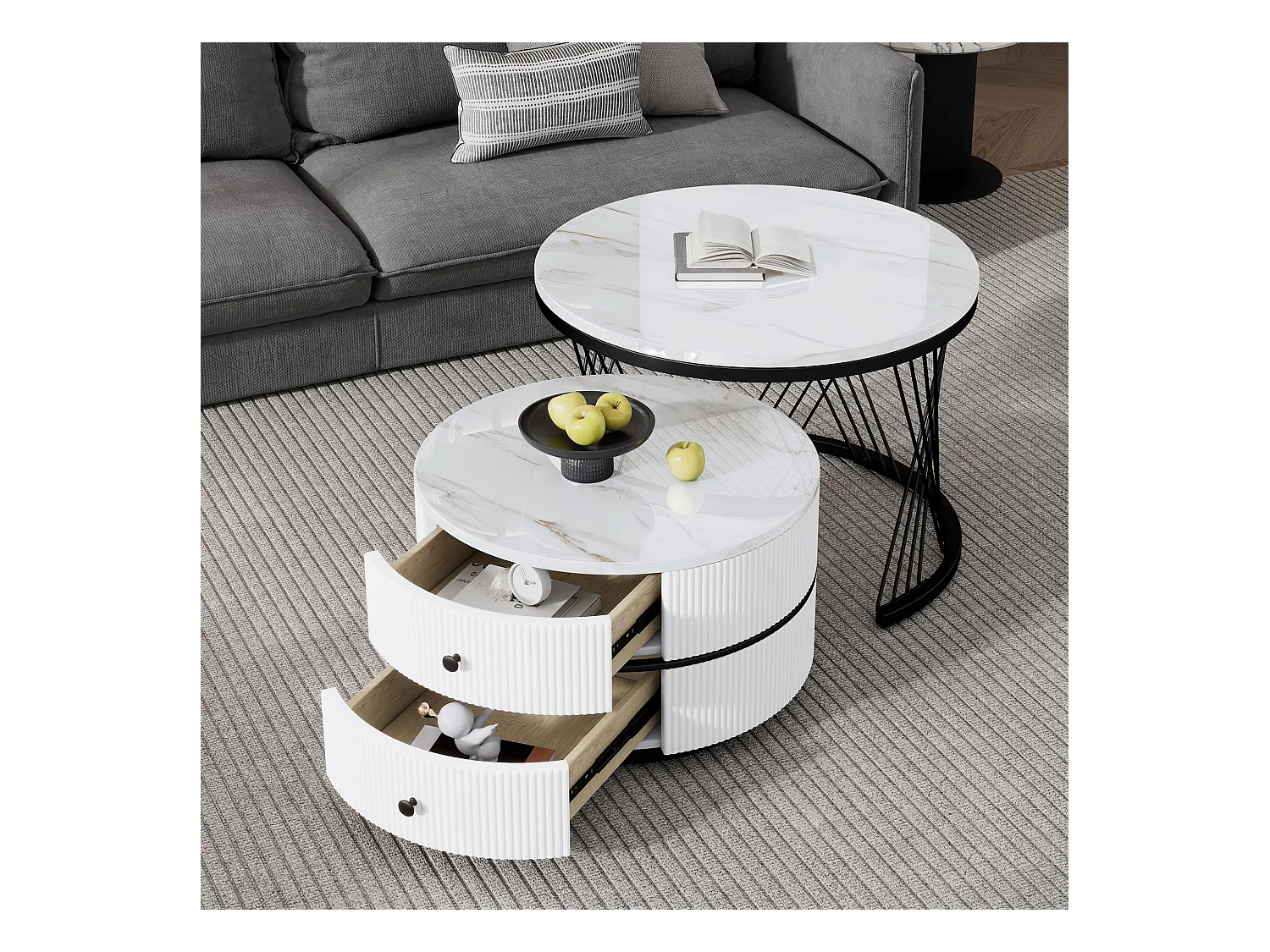 Lot de 2 tables basses blanches avec 2 tiroirs, plateau en MDF plaqué marbre - cadre noir