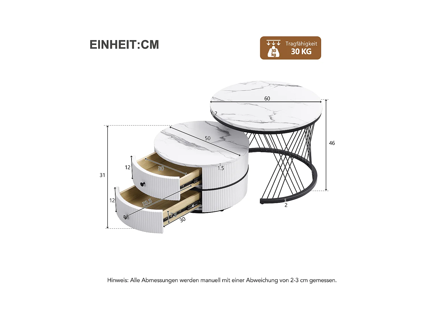 Lot de 2 tables basses blanches avec 2 tiroirs, plateau en MDF plaqué marbre - cadre noir