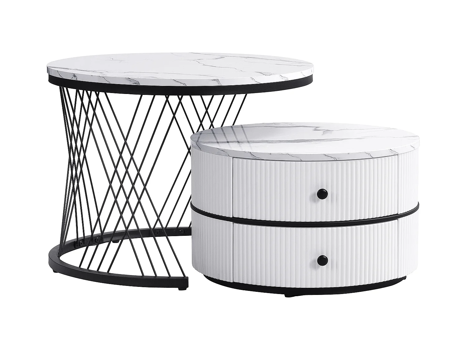 Lot de 2 tables basses blanches avec 2 tiroirs, plateau en MDF plaqué marbre - cadre noir