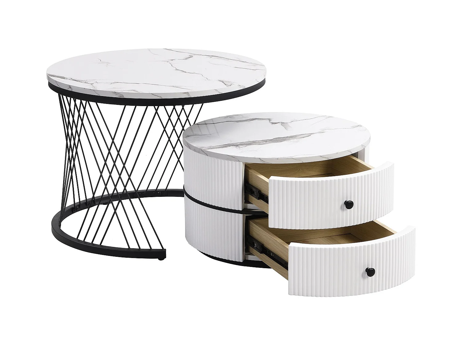 Lot de 2 tables basses blanches avec 2 tiroirs, plateau en MDF plaqué marbre - cadre noir