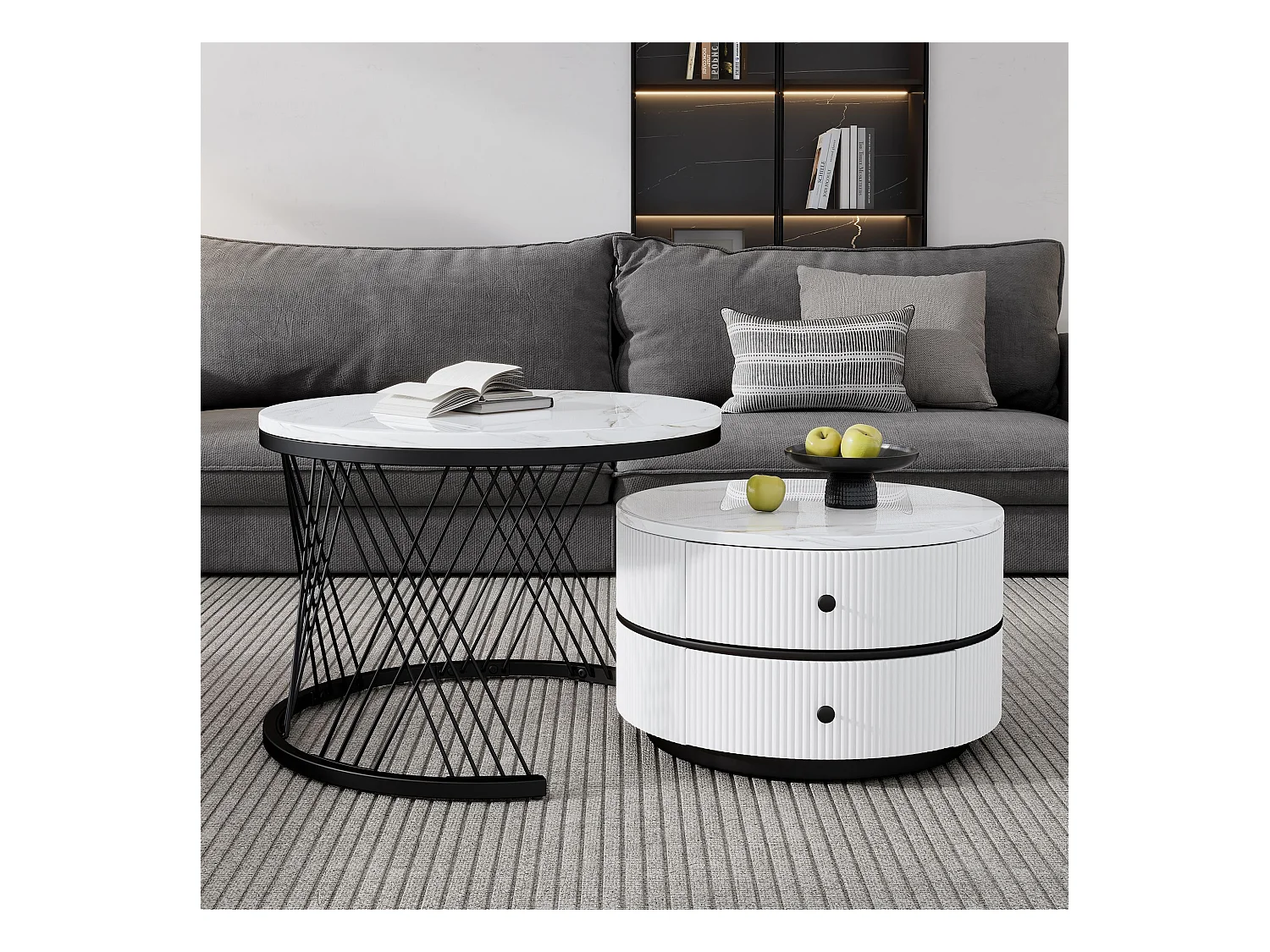 Lot de 2 tables basses blanches avec 2 tiroirs, plateau en MDF plaqué marbre - cadre noir