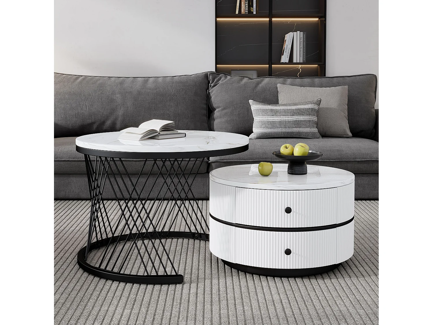 Set aus 2 weißen Couchtischen mit 2 Schubladen, MDF-Platte mit Marmoroptik - schwarzes Gestell