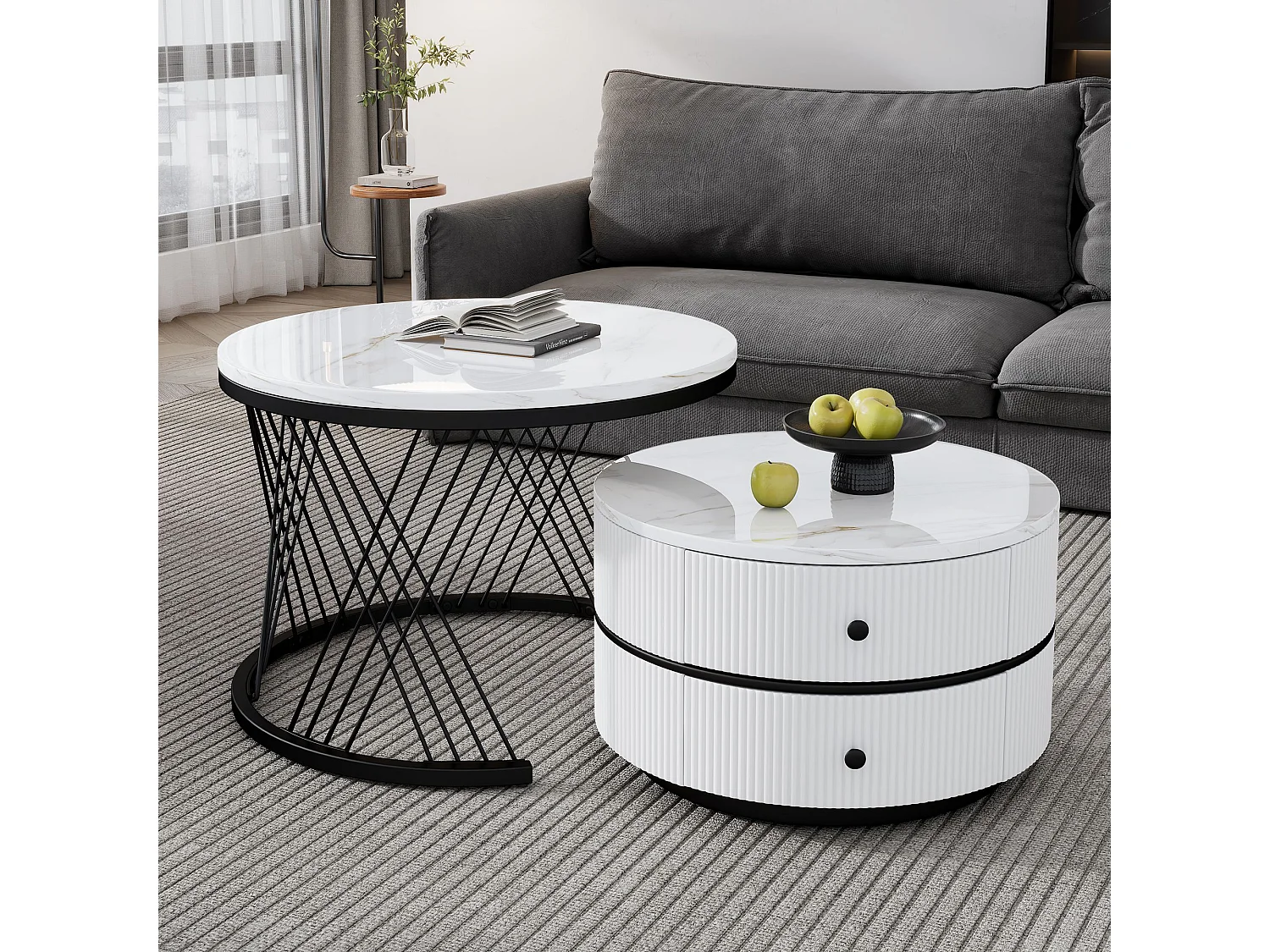 Set aus 2 weißen Couchtischen mit 2 Schubladen, MDF-Platte mit Marmoroptik - schwarzes Gestell