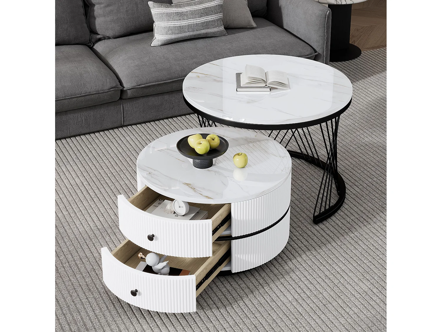 Set aus 2 weißen Couchtischen mit 2 Schubladen, MDF-Platte mit Marmoroptik - schwarzes Gestell