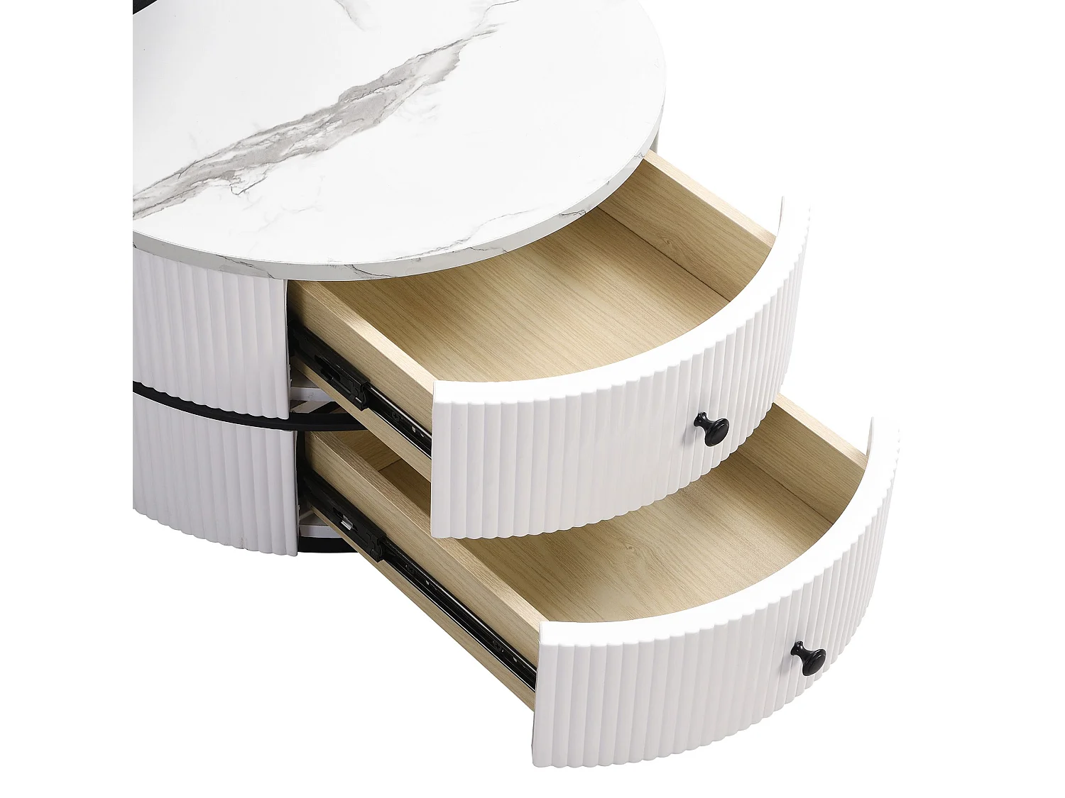 Set aus 2 weißen Couchtischen mit 2 Schubladen, MDF-Platte mit Marmoroptik - schwarzes Gestell