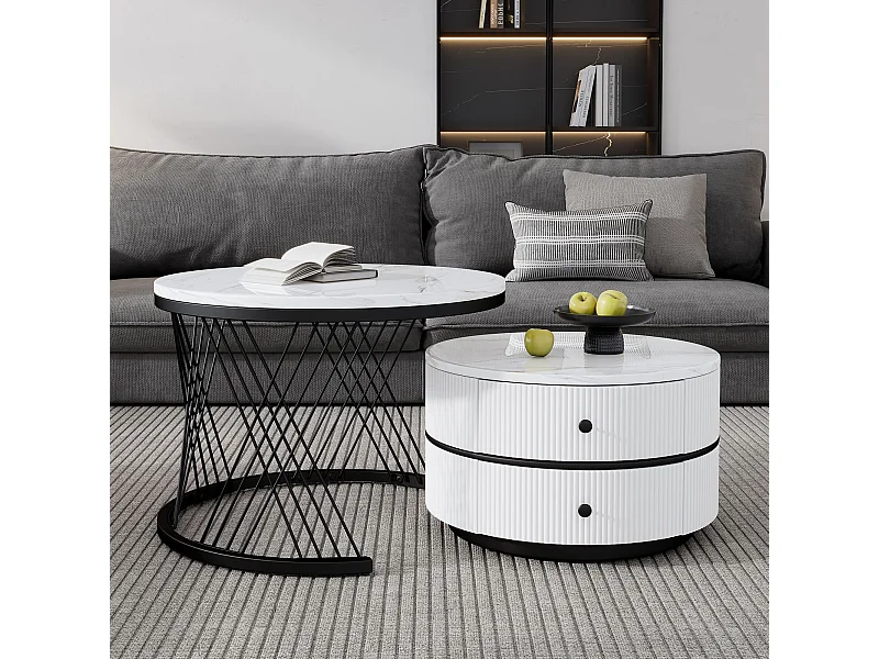 Set van 2 witte salontafels met 2 lades, MDF-blad met marmerfineer - zwart frame
