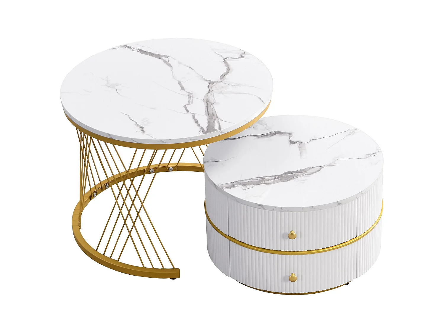 Lot de 2 tables basses blanches avec 2 tiroirs, plateau en MDF plaqué marbre - cadre doré