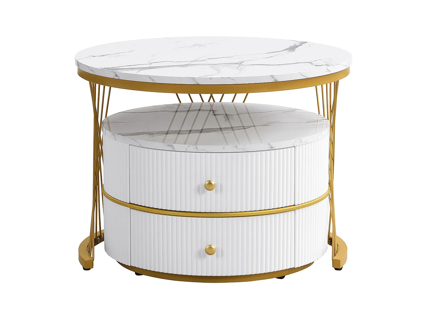 Lot de 2 tables basses blanches avec 2 tiroirs, plateau en MDF plaqué marbre - cadre doré