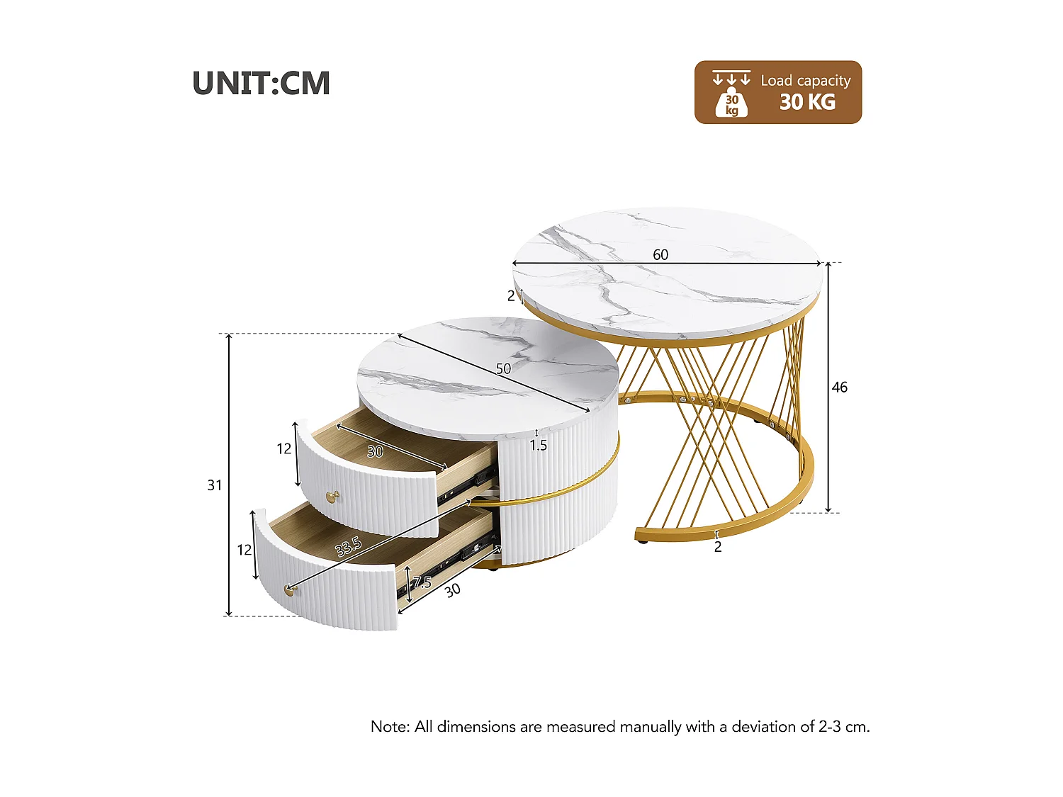 Lot de 2 tables basses blanches avec 2 tiroirs, plateau en MDF plaqué marbre - cadre doré
