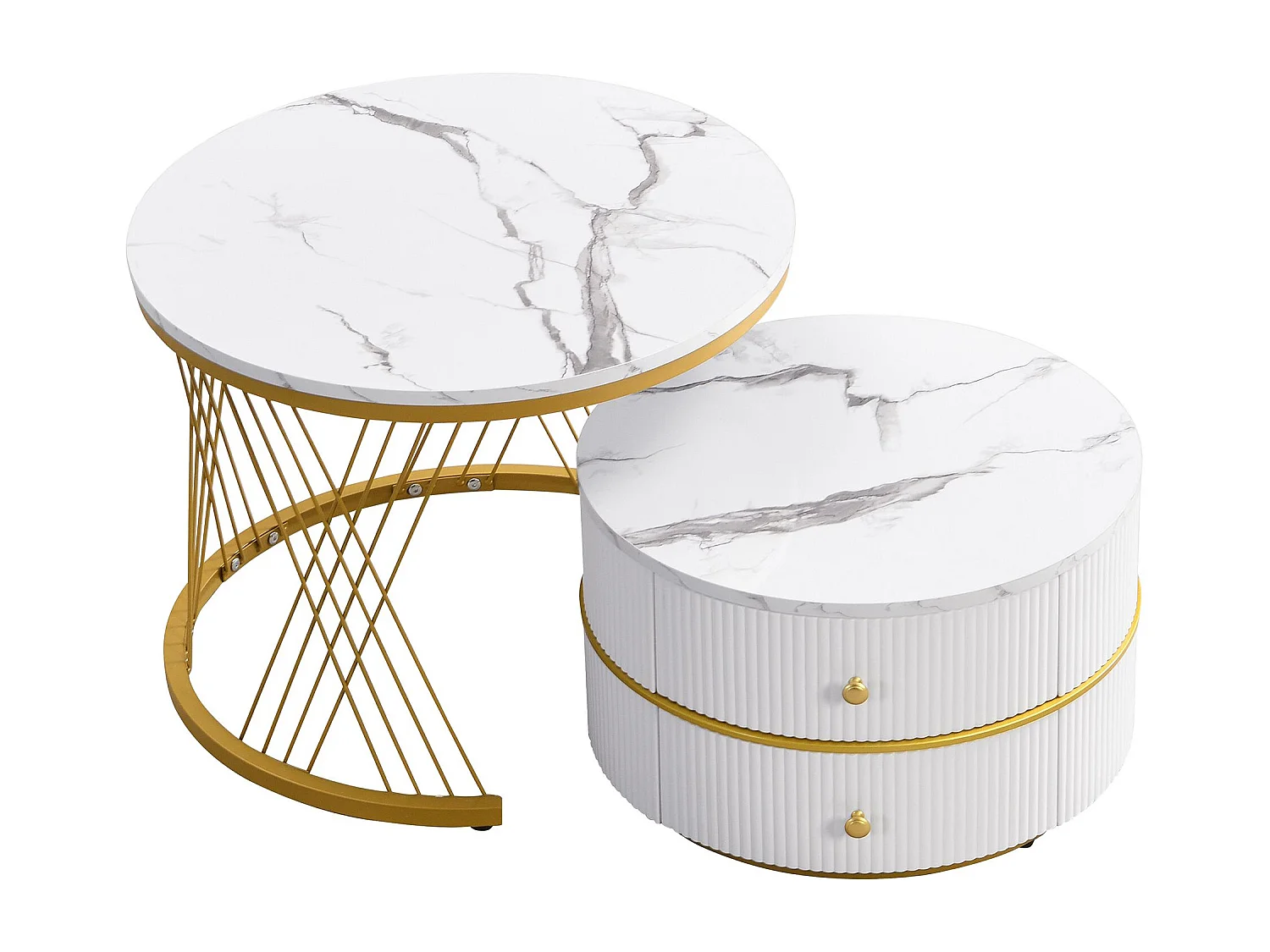 Lot de 2 tables basses blanches avec 2 tiroirs, plateau en MDF plaqué marbre - cadre doré