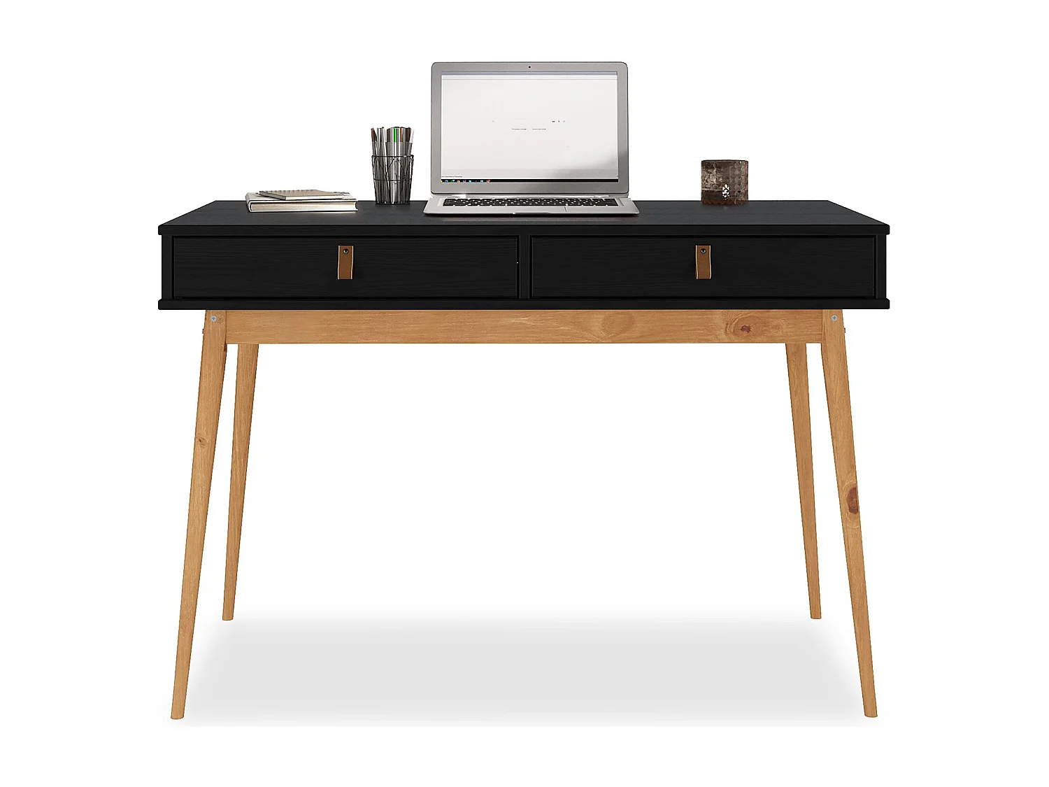 Bureau WANDA avec 2 tiroirs, en pin massif, Bureau en bois, Coloris noir et chêne
