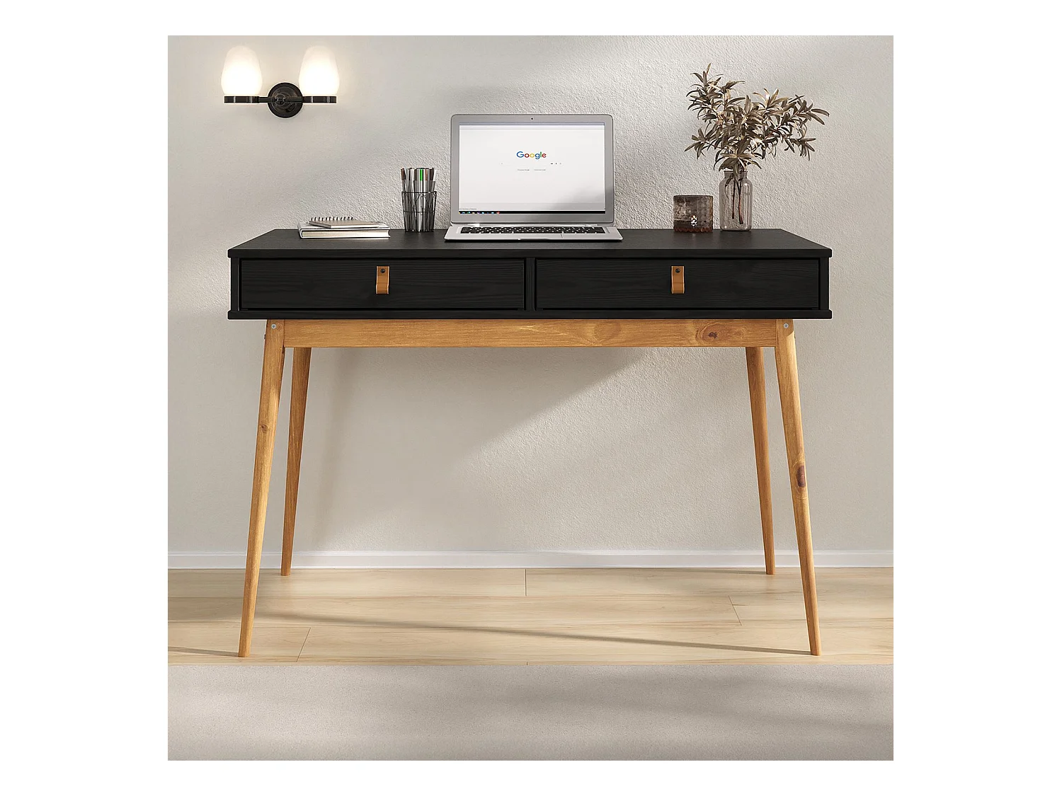 Bureau WANDA avec 2 tiroirs, en pin massif, Bureau en bois, Coloris noir et chêne