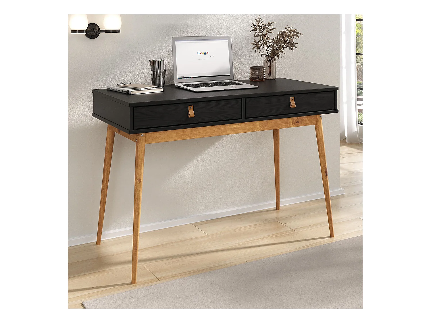 Bureau WANDA avec 2 tiroirs, en pin massif, Bureau en bois, Coloris noir et chêne