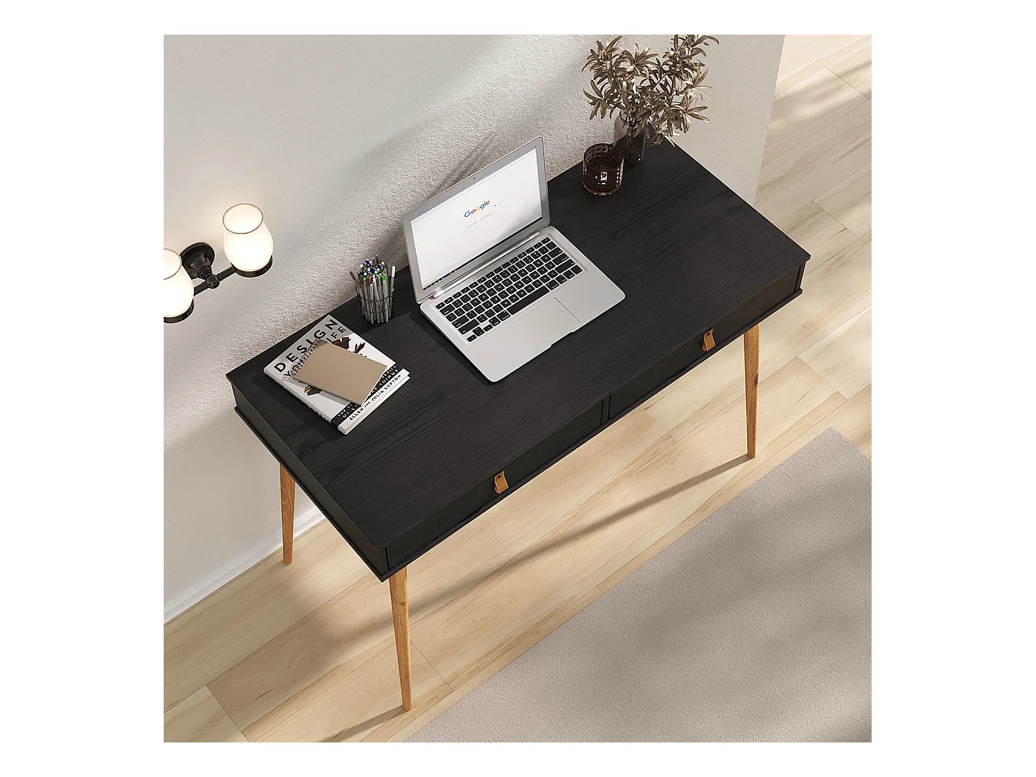 Bureau WANDA avec 2 tiroirs, en pin massif, Bureau en bois, Coloris noir et chêne