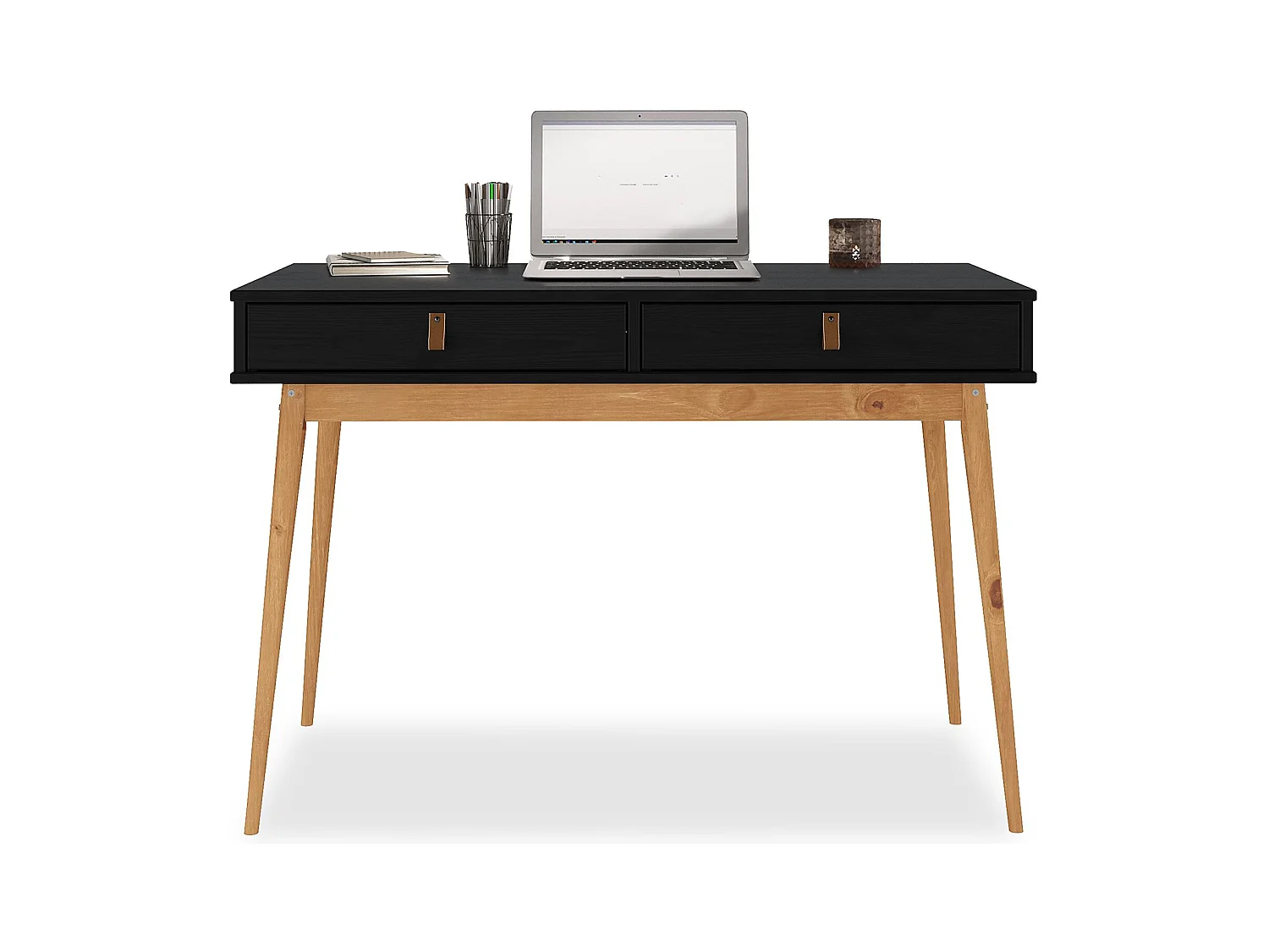Bureau WANDA avec 2 tiroirs, en pin massif, Bureau en bois, Coloris noir et chêne