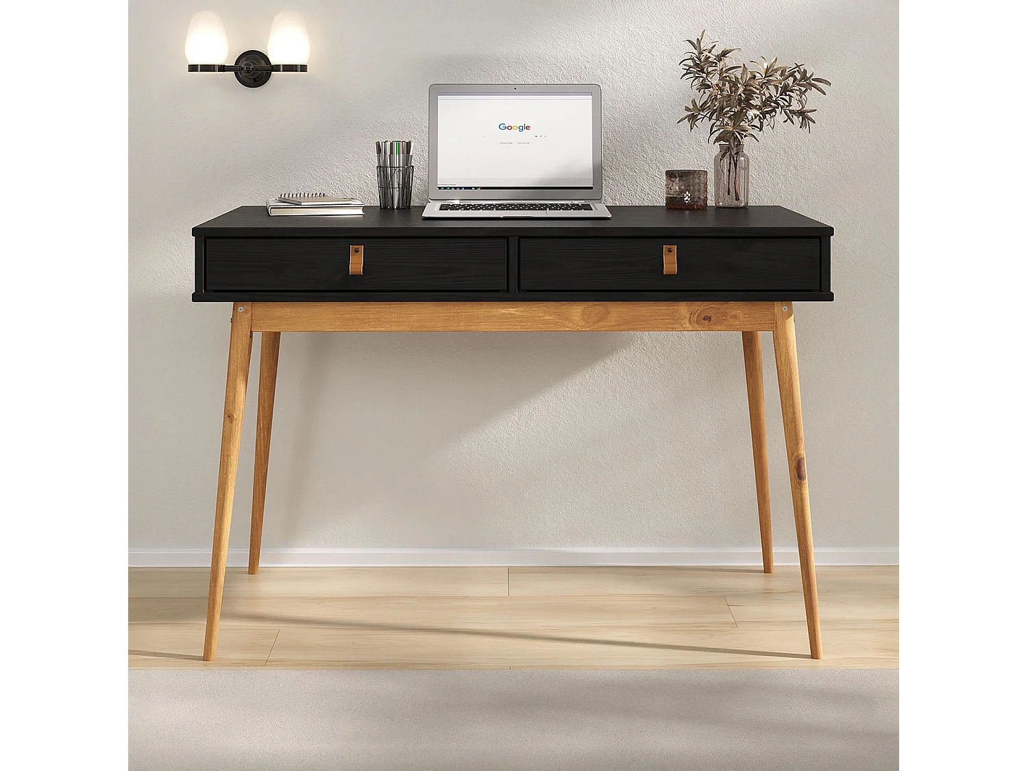 Bureau WANDA avec 2 tiroirs, en pin massif, Bureau en bois, Coloris noir et chêne