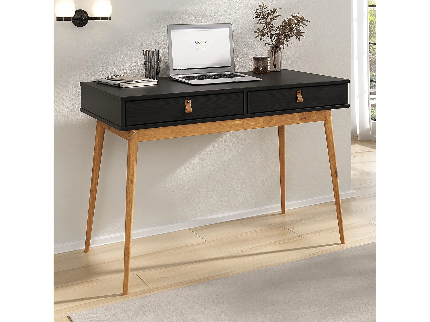 Bureau WANDA avec 2 tiroirs, en pin massif, Bureau en bois, Coloris noir et chêne
