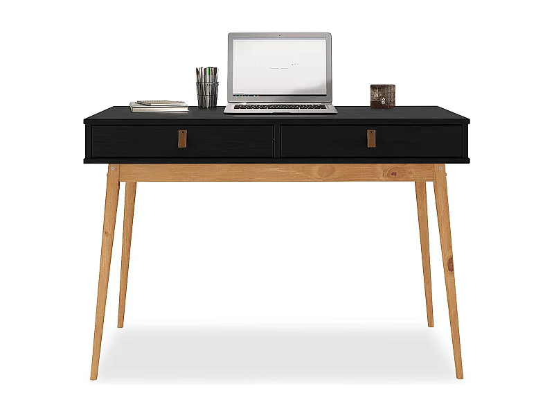 Bureau WANDA avec 2 tiroirs, en pin massif, Bureau en bois, Coloris noir et chêne