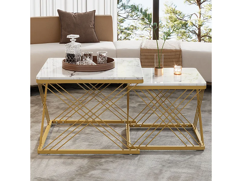 Lot de 2 tables basses carrées avec plateau en MDF effet marbre, cadre doré - Blanc