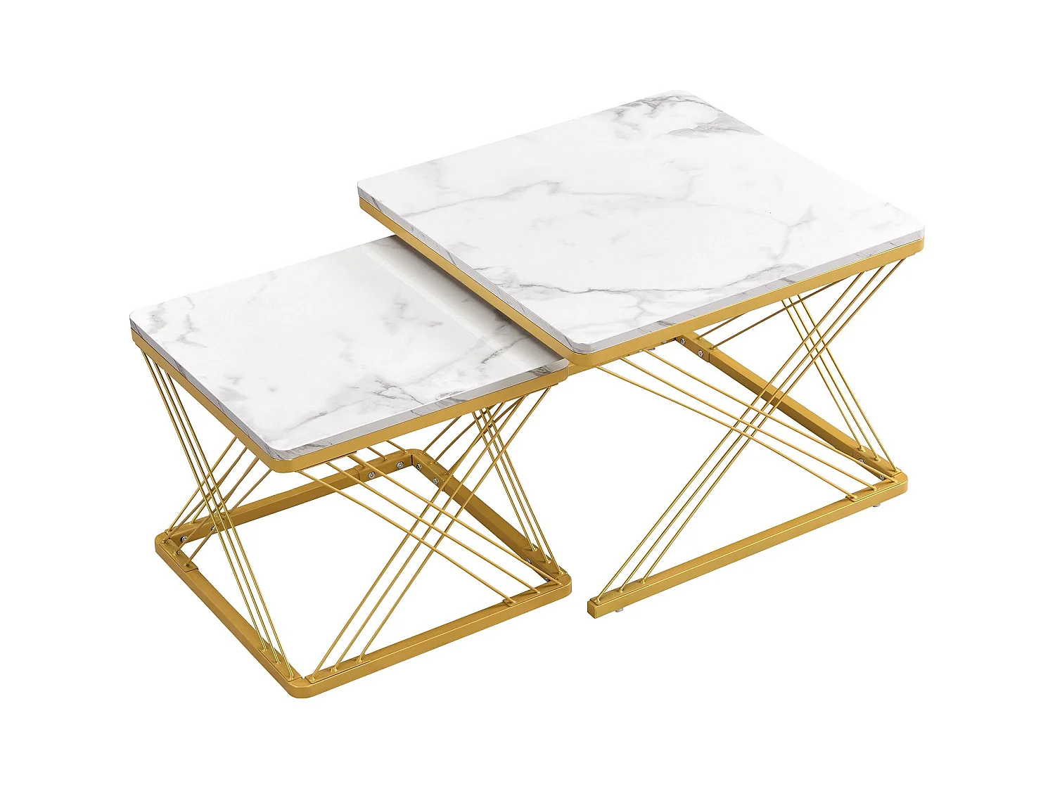 Lot de 2 tables basses carrées avec plateau en MDF effet marbre, cadre doré - Blanc