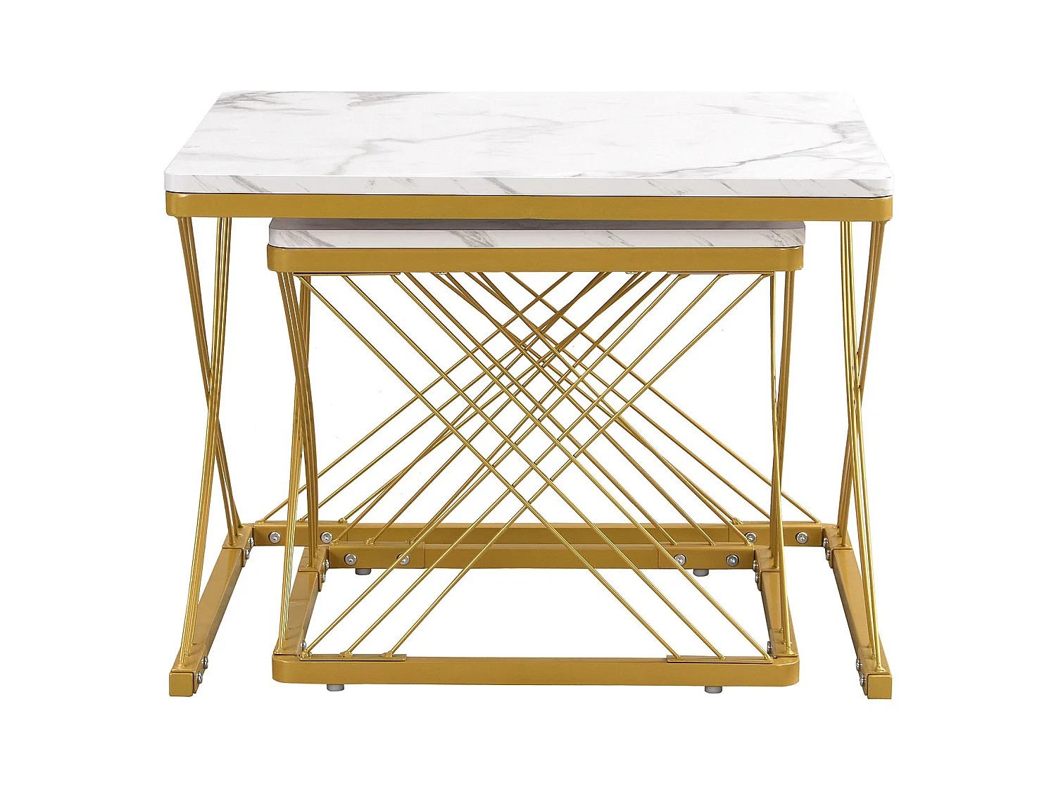 Lot de 2 tables basses carrées avec plateau en MDF effet marbre, cadre doré - Blanc