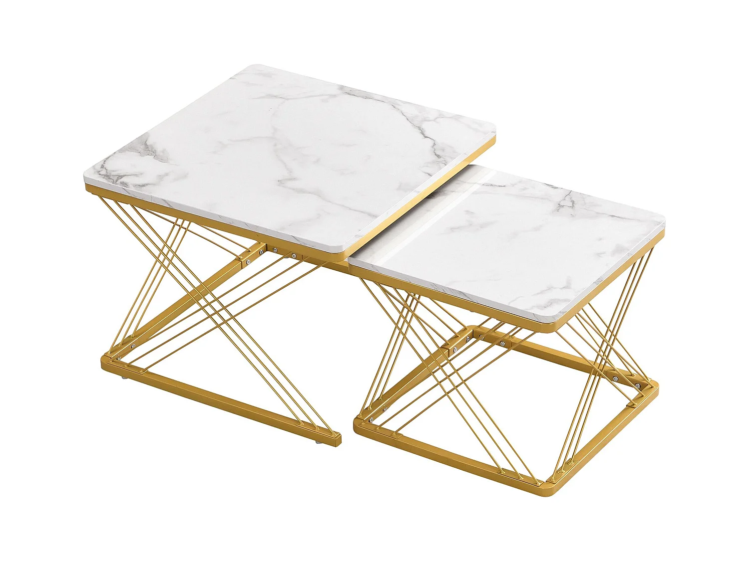 Lot de 2 tables basses carrées avec plateau en MDF effet marbre, cadre doré - Blanc