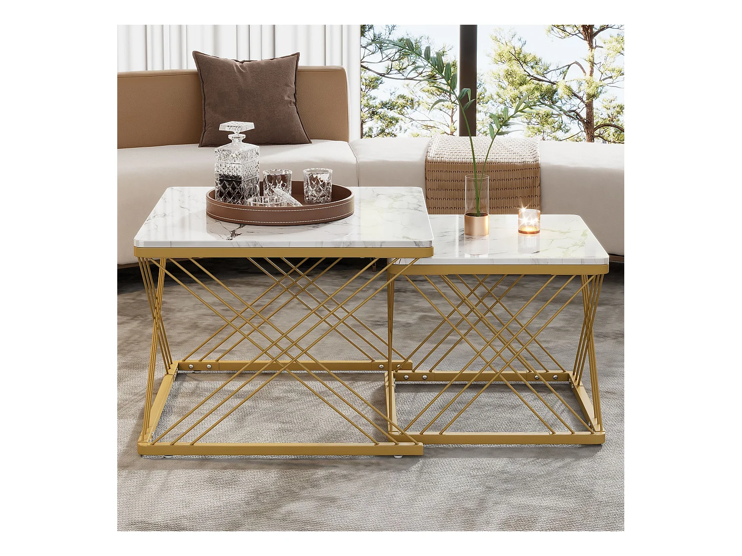 Lot de 2 tables basses carrées avec plateau en MDF effet marbre, cadre doré - Blanc