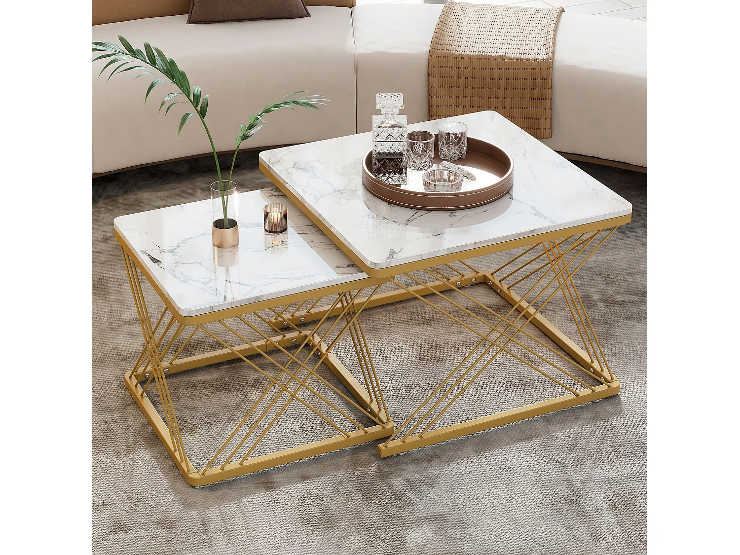 Lot de 2 tables basses carrées avec plateau en MDF effet marbre, cadre doré - Blanc