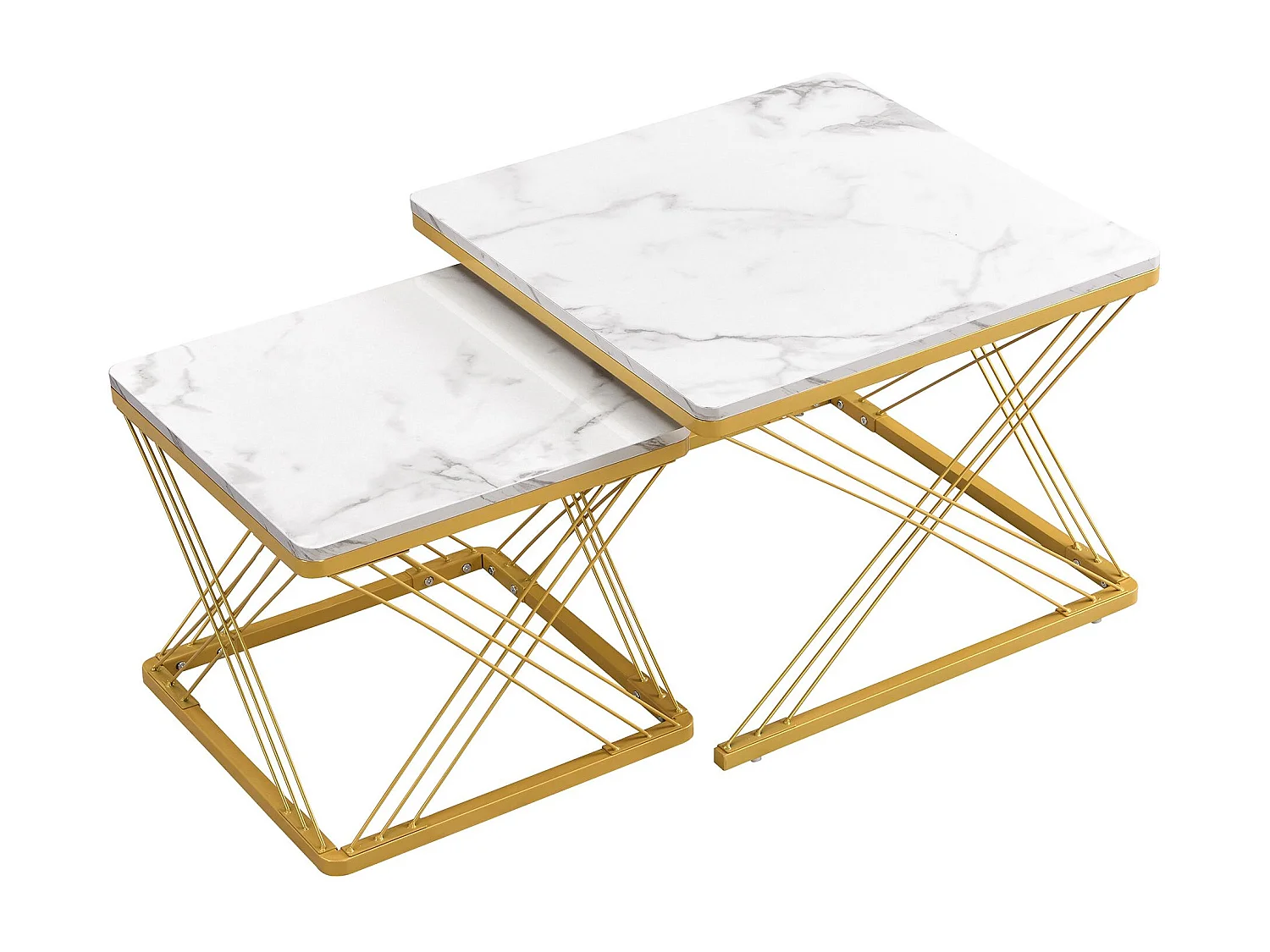 Lot de 2 tables basses carrées avec plateau en MDF effet marbre, cadre doré - Blanc