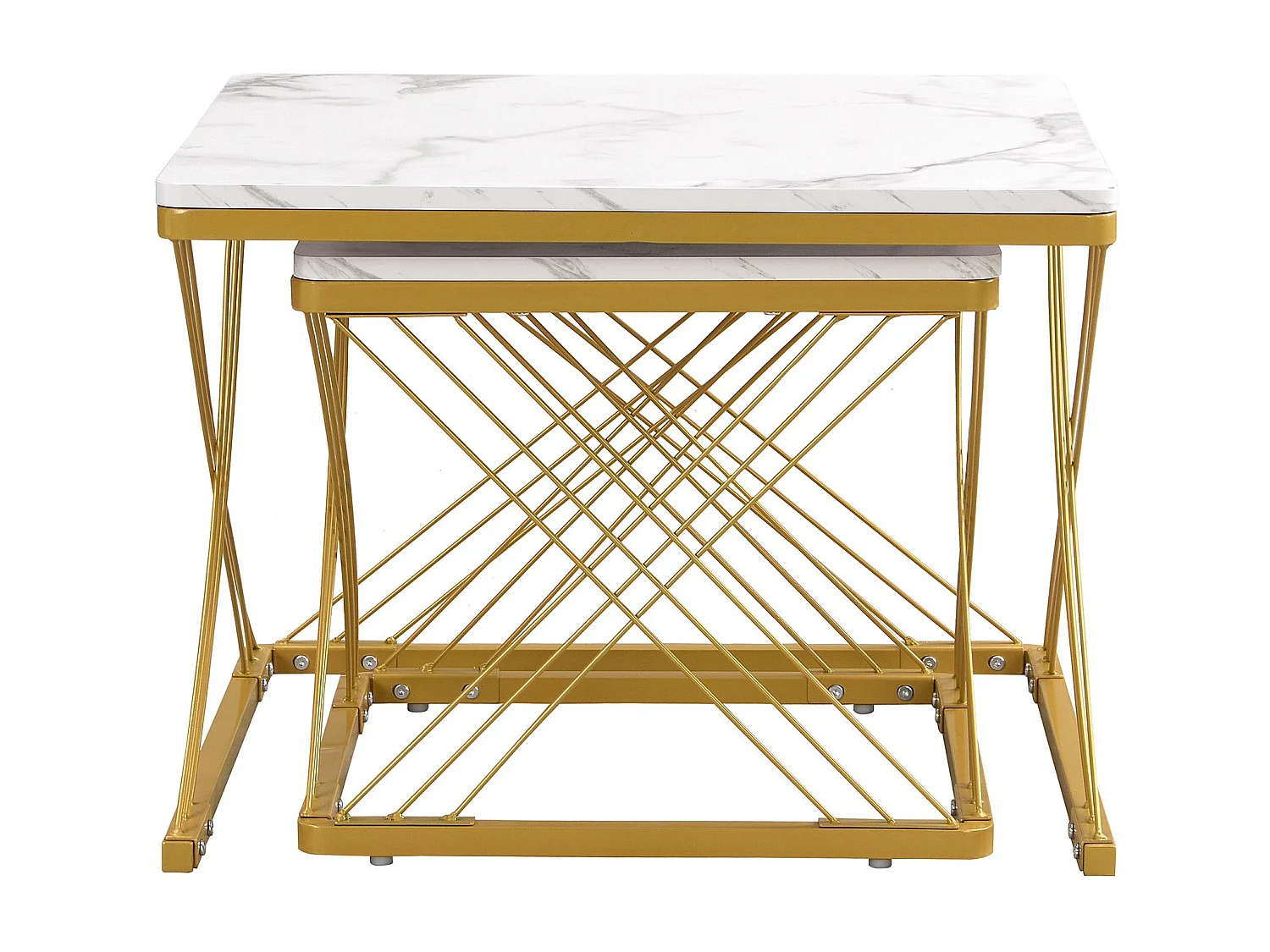 Lot de 2 tables basses carrées avec plateau en MDF effet marbre, cadre doré - Blanc