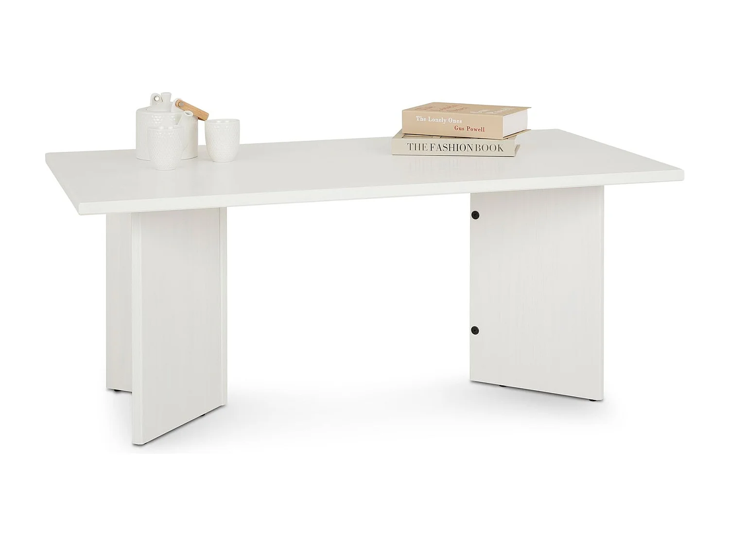 Table basse MESA pour salon en bois massif blanc, Design rectangulaire moderne, Pieds angulaires, 110 x 45 x 60 cm