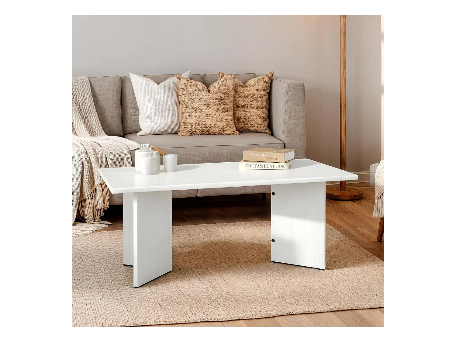 Table basse MESA pour salon en bois massif blanc, Design rectangulaire moderne, Pieds angulaires, 110 x 45 x 60 cm