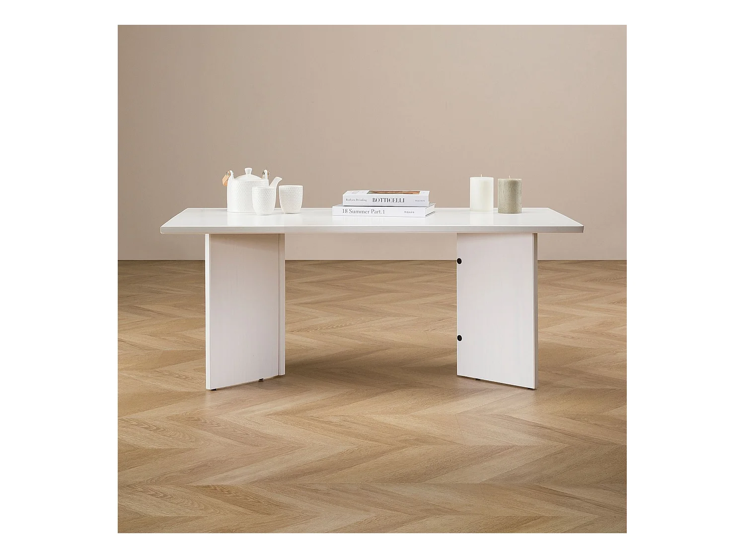 Table basse MESA pour salon en bois massif blanc, Design rectangulaire moderne, Pieds angulaires, 110 x 45 x 60 cm