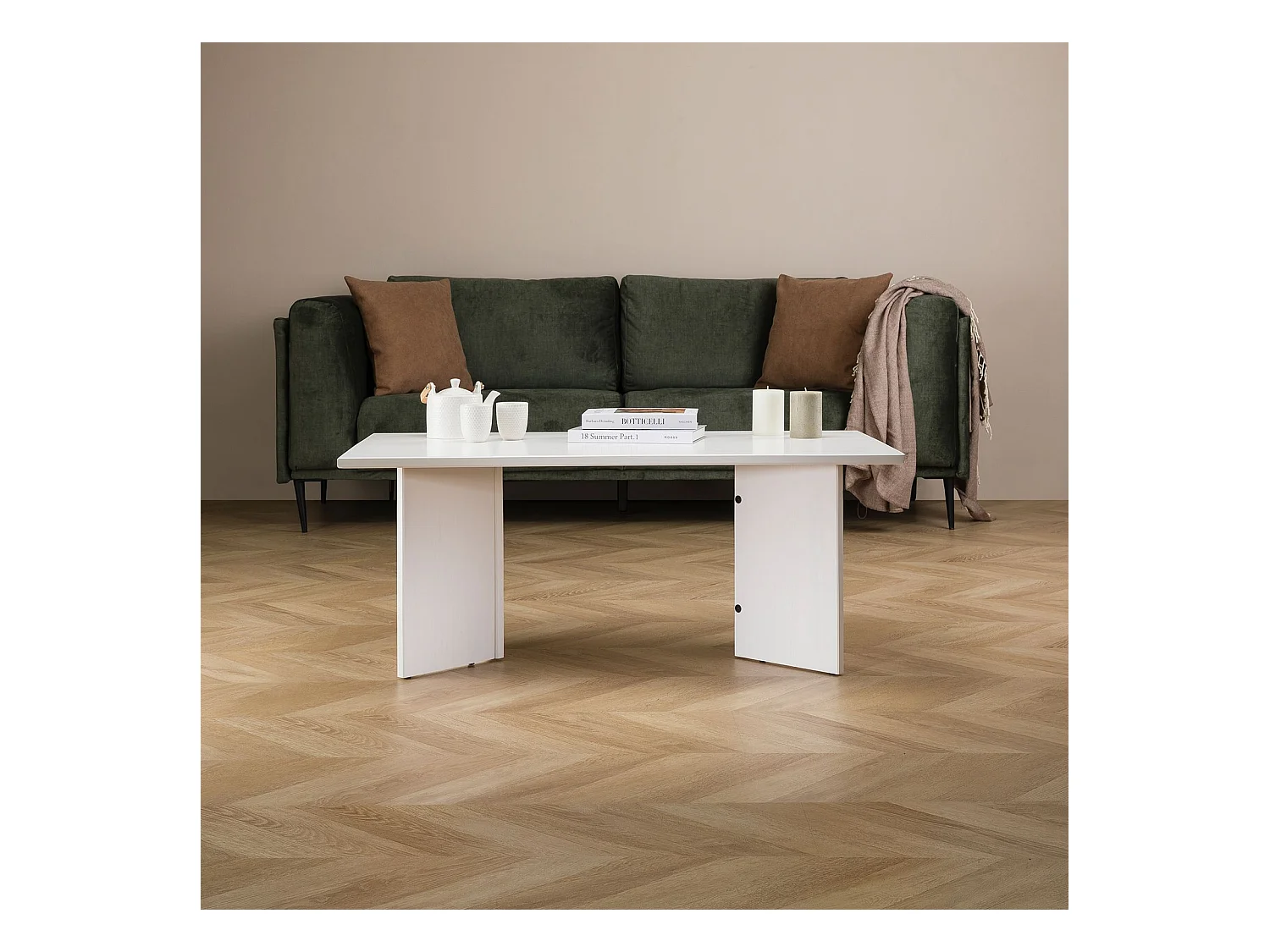 Table basse MESA pour salon en bois massif blanc, Design rectangulaire moderne, Pieds angulaires, 110 x 45 x 60 cm