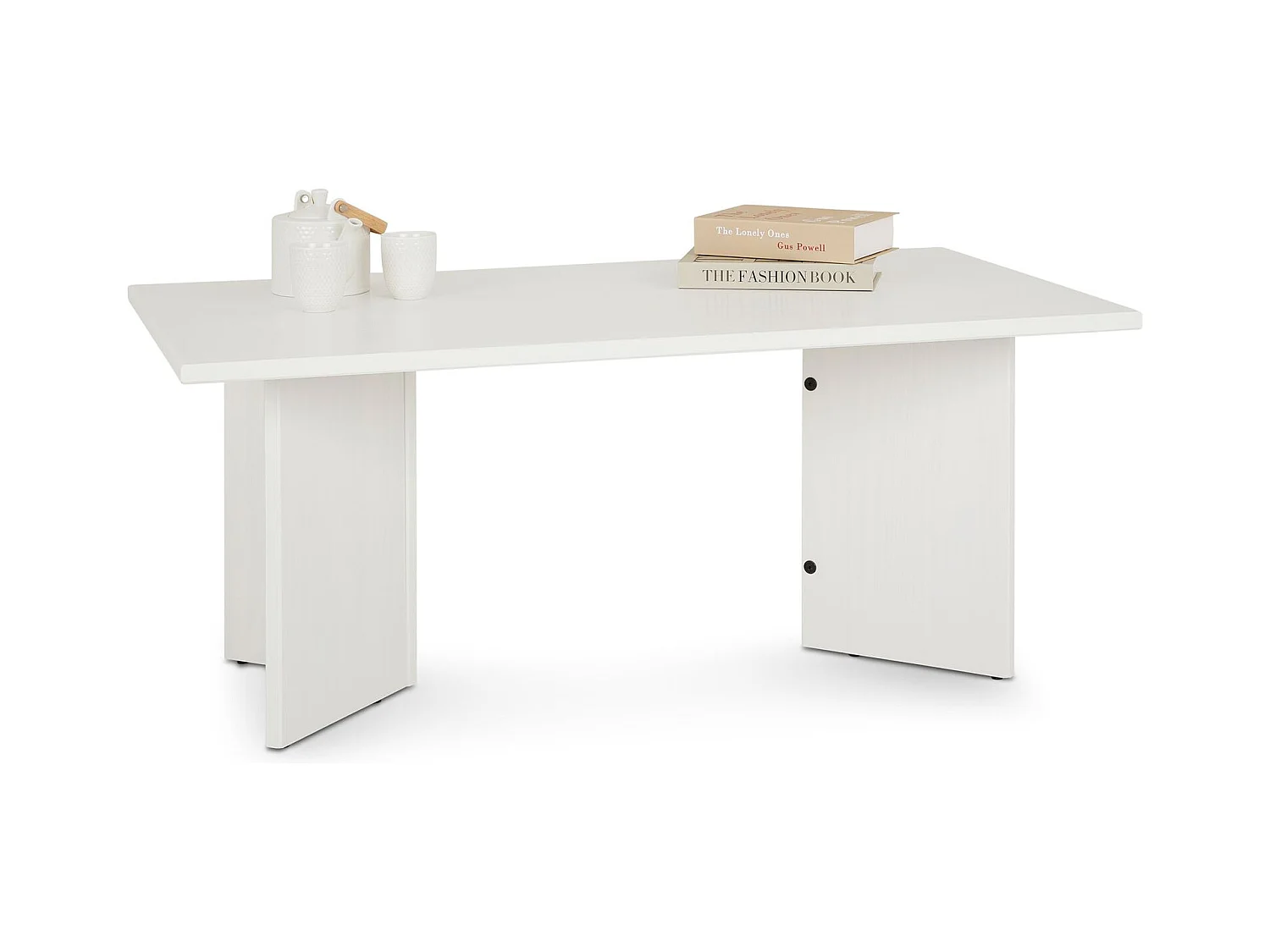 Table basse MESA pour salon en bois massif blanc, Design rectangulaire moderne, Pieds angulaires, 110 x 45 x 60 cm