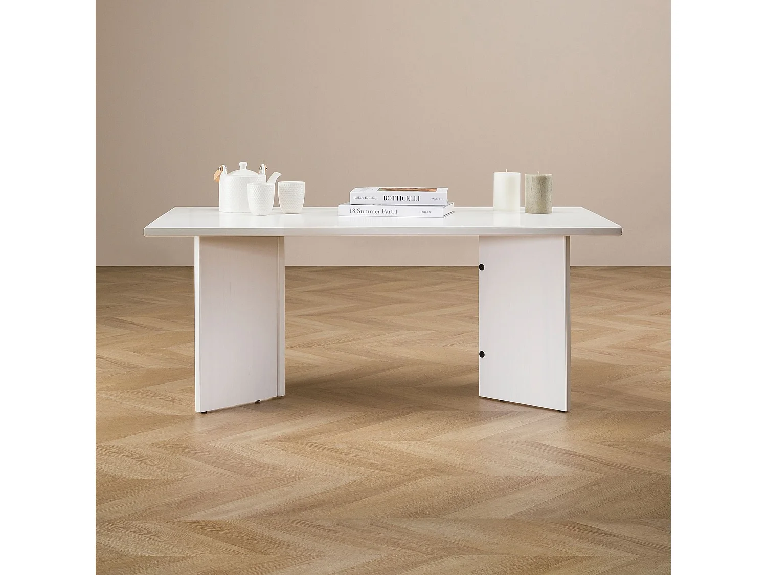 Table basse MESA pour salon en bois massif blanc, Design rectangulaire moderne, Pieds angulaires, 110 x 45 x 60 cm