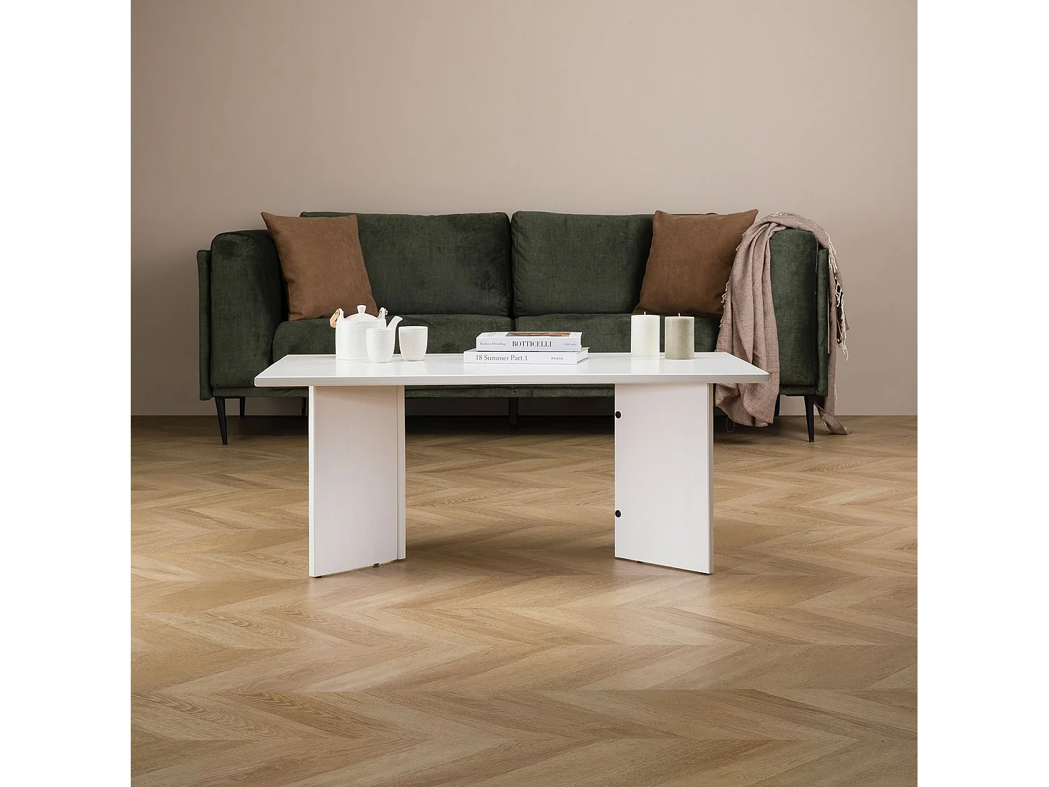Table basse MESA pour salon en bois massif blanc, Design rectangulaire moderne, Pieds angulaires, 110 x 45 x 60 cm