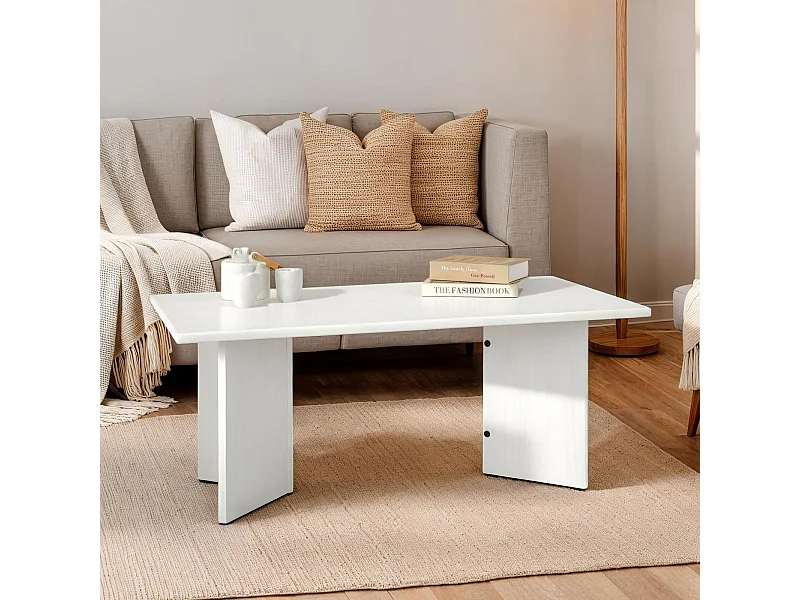 Table basse MESA pour salon en bois massif blanc, Design rectangulaire moderne, Pieds angulaires, 110 x 45 x 60 cm