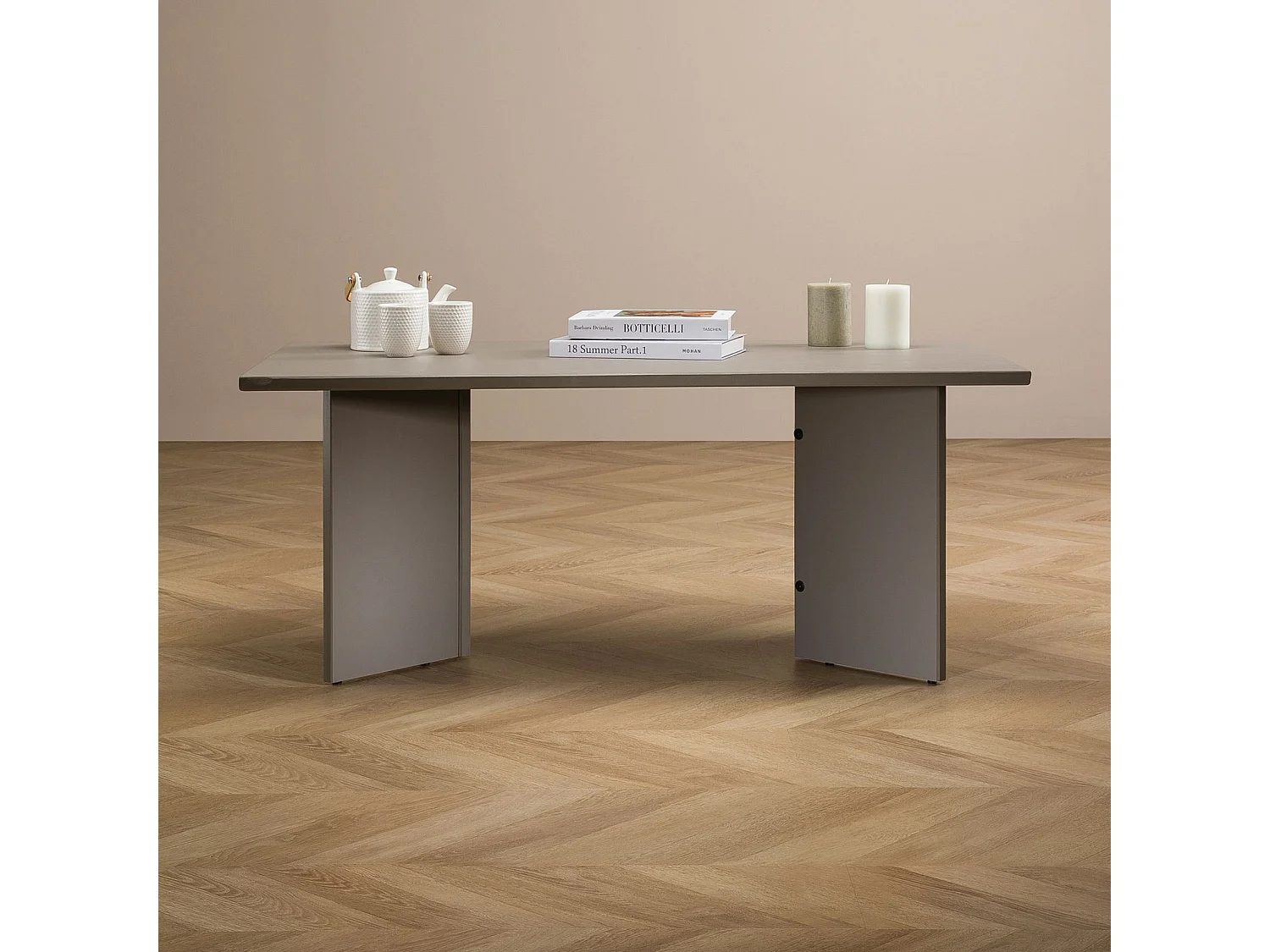 Table basse MESA pour salon en bois massif gris, Design rectangulaire moderne, Pieds angulaires, 110 x 45 x 60 cm