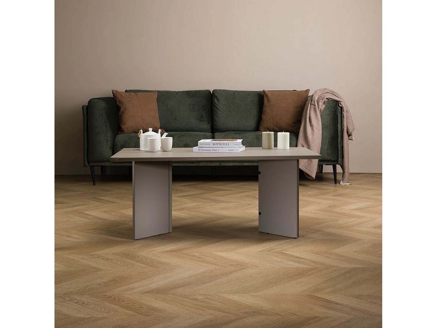 Table basse MESA pour salon en bois massif gris, Design rectangulaire moderne, Pieds angulaires, 110 x 45 x 60 cm