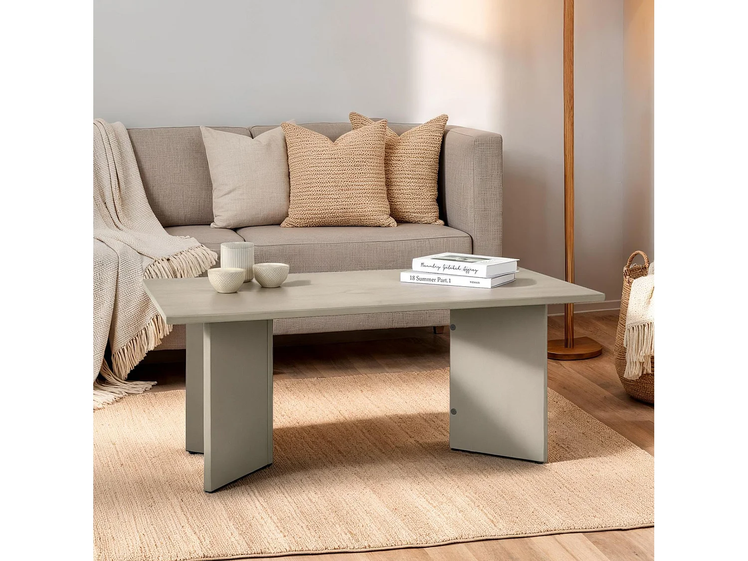Table basse MESA pour salon en bois massif gris, Design rectangulaire moderne, Pieds angulaires, 110 x 45 x 60 cm