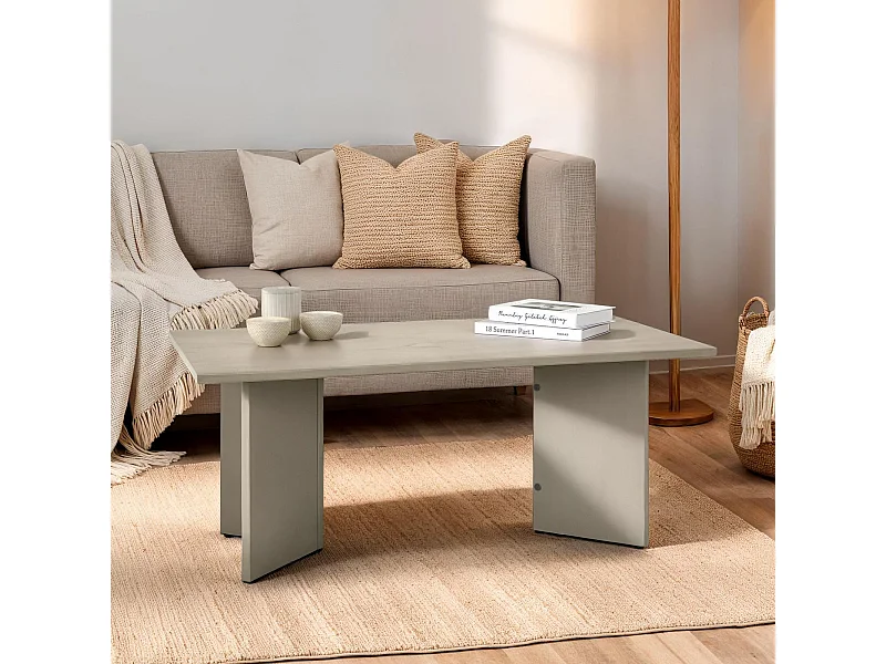 Table basse MESA pour salon en bois massif gris, Design rectangulaire moderne, Pieds angulaires, 110 x 45 x 60 cm