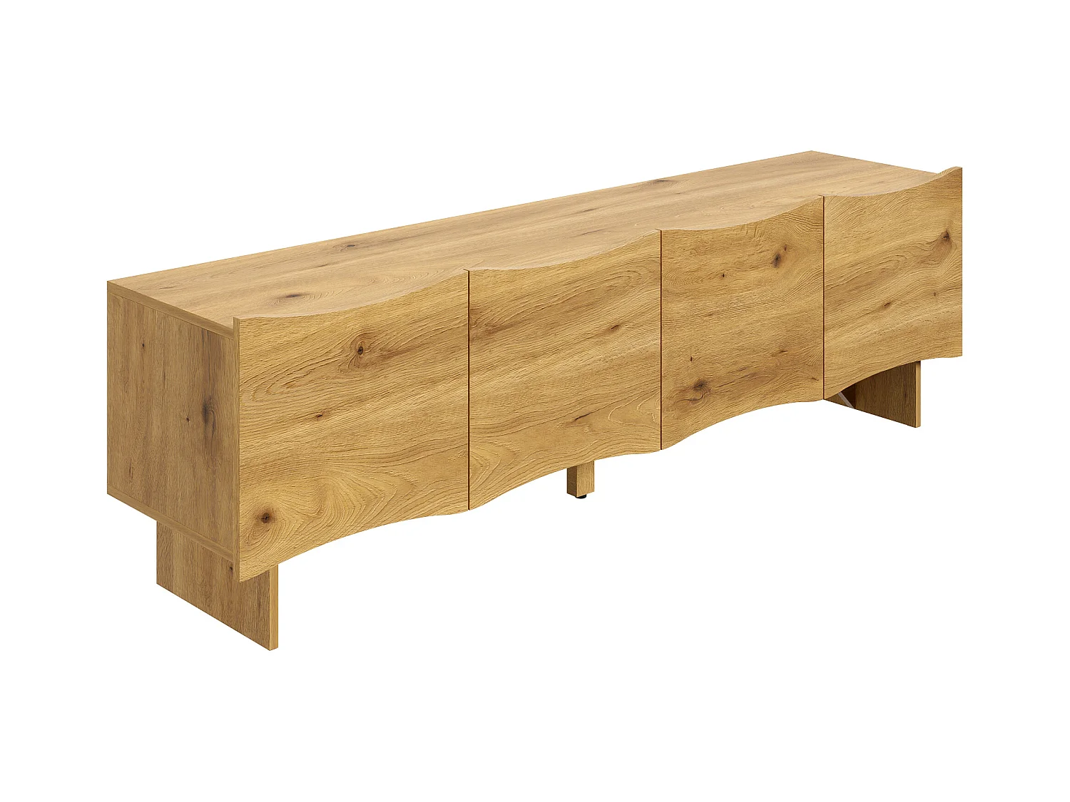 Meuble TV naturel avec 4 portes incurvées et pieds en bois - pour salon et aux bureaux