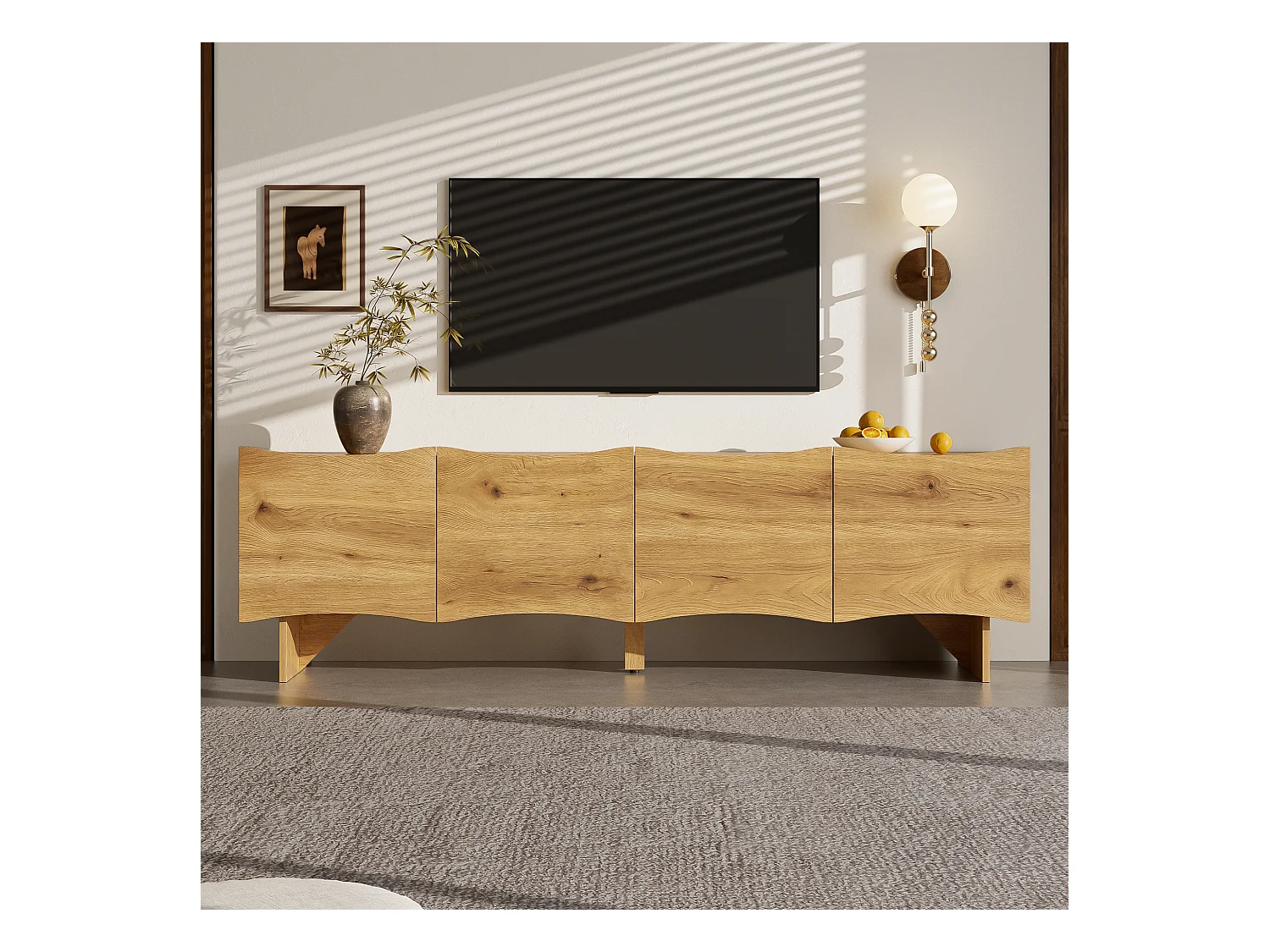 Meuble TV naturel avec 4 portes incurvées et pieds en bois - pour salon et aux bureaux