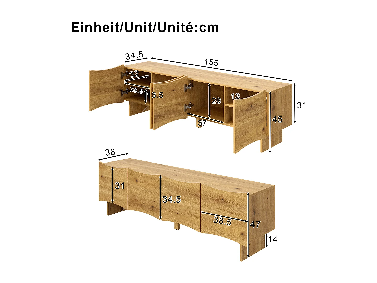 Meuble TV naturel avec 4 portes incurvées et pieds en bois - pour salon et aux bureaux