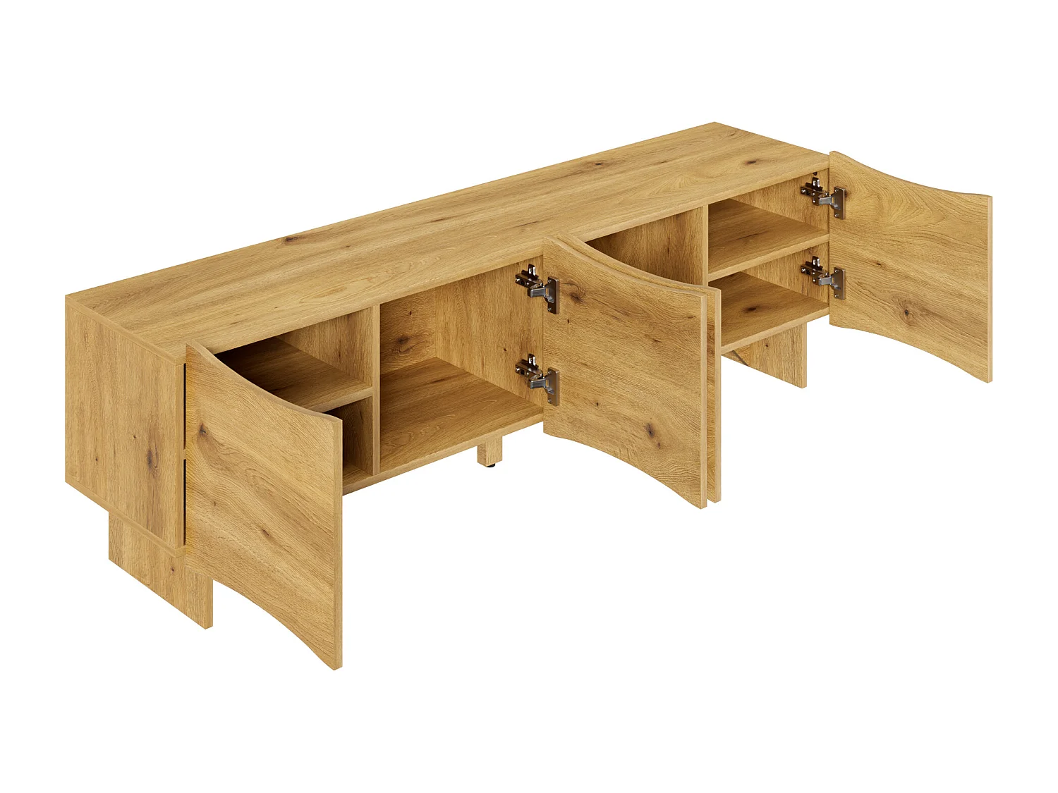 Meuble TV naturel avec 4 portes incurvées et pieds en bois - pour salon et aux bureaux