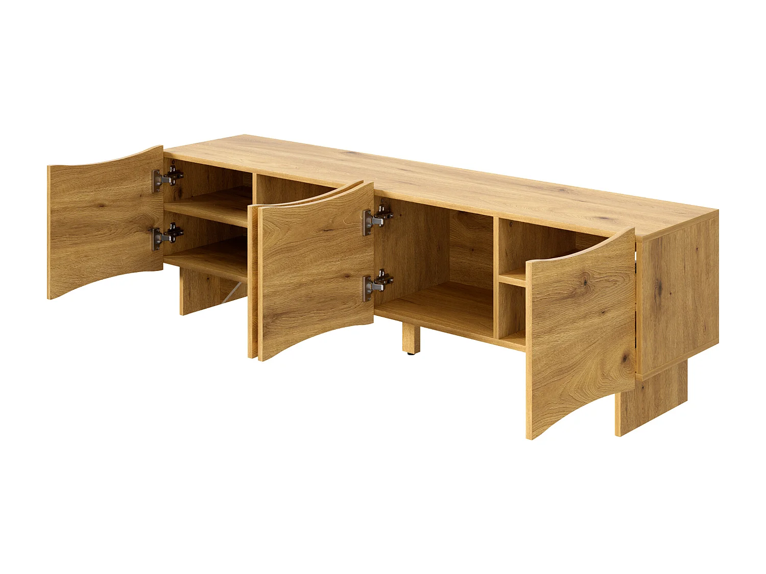 Meuble TV naturel avec 4 portes incurvées et pieds en bois - pour salon et aux bureaux