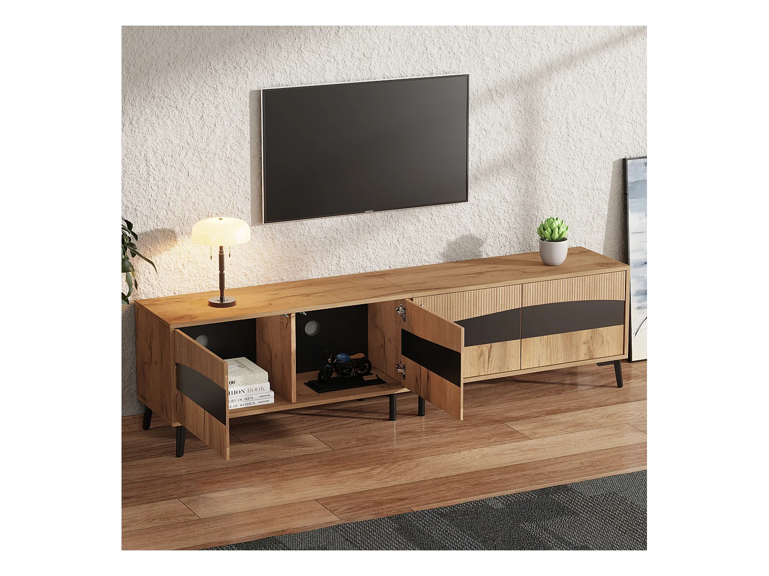 Tv-meubel 180 cm met 4 deuren en 8 ondersteuningspoten, natuurlijke kleur en zwart - voor woonkamer