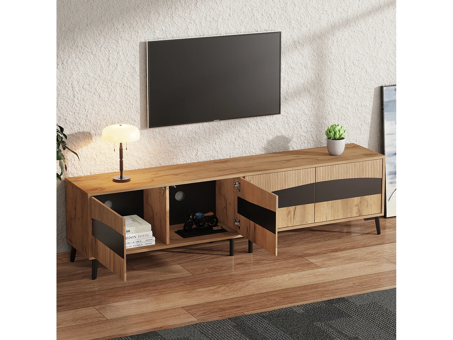 Meuble TV 180 cm avec 4 portes texturées et 8 pieds de support, naturel et noir - pour salon